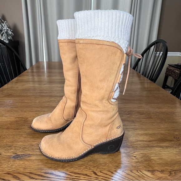 ⭐️ UGG Women's Skylair Wedge Boots Tan Leather Zip Lace Up Knit Sweater Size 8 - Picture 4 of 10